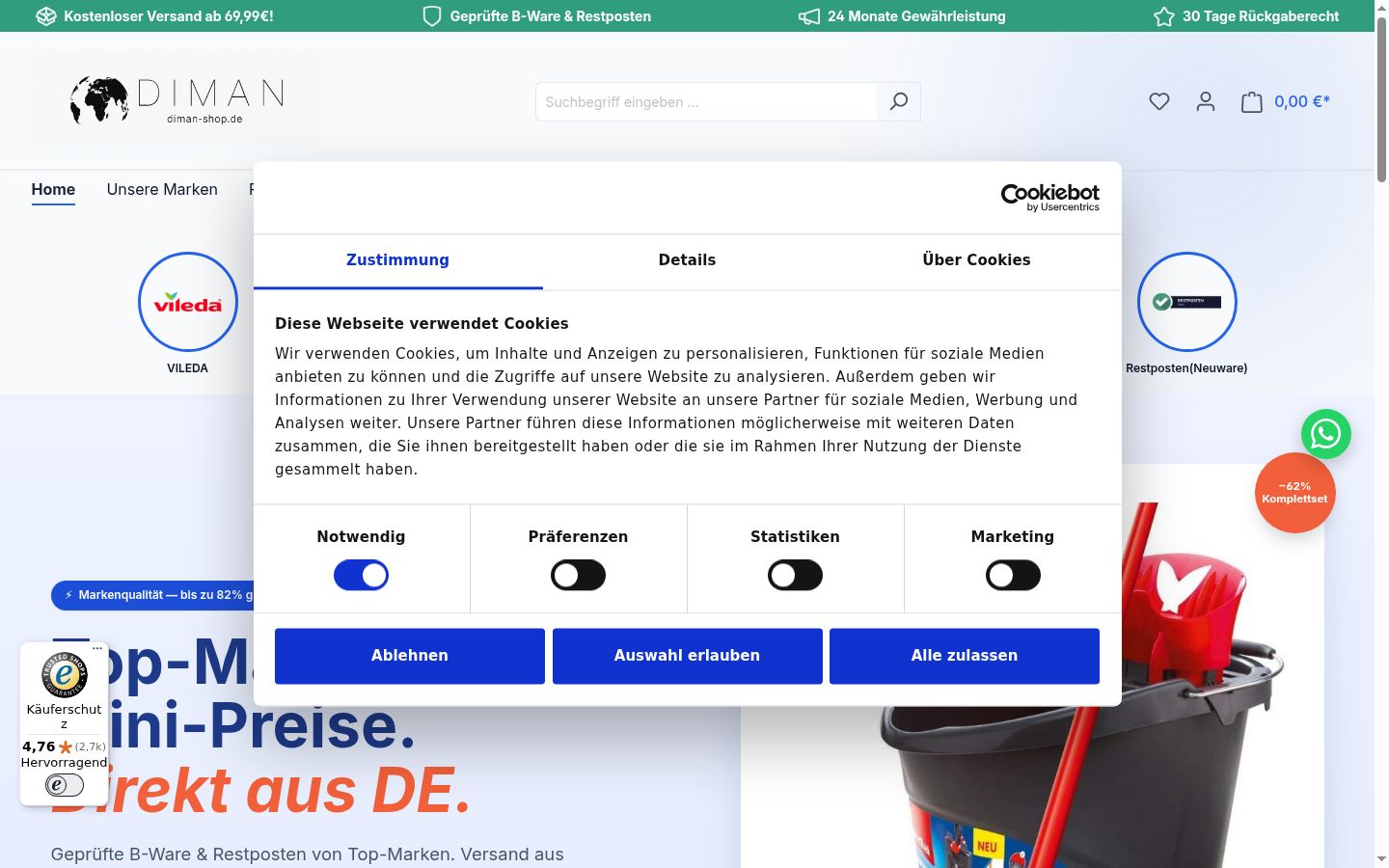 Screenshot des Einwilligungsbanners vor jeglicher Interaktion