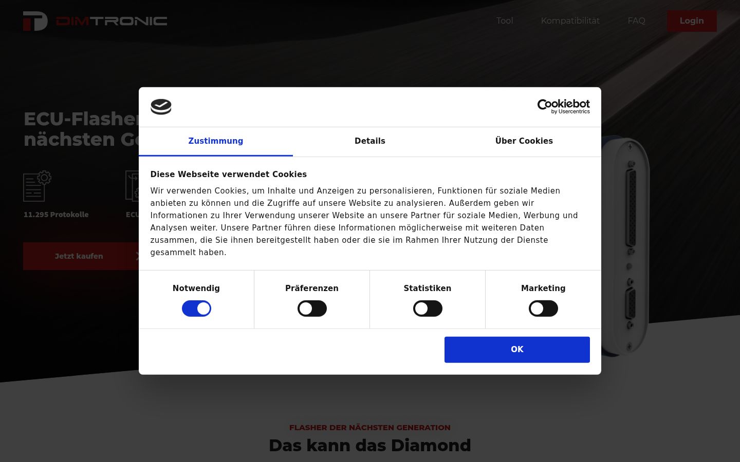 Screenshot des Einwilligungsbanners vor jeglicher Interaktion