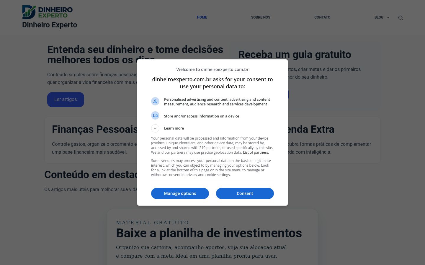 Captura de pantalla del banner de consentimiento mostrado antes de cualquier interacción