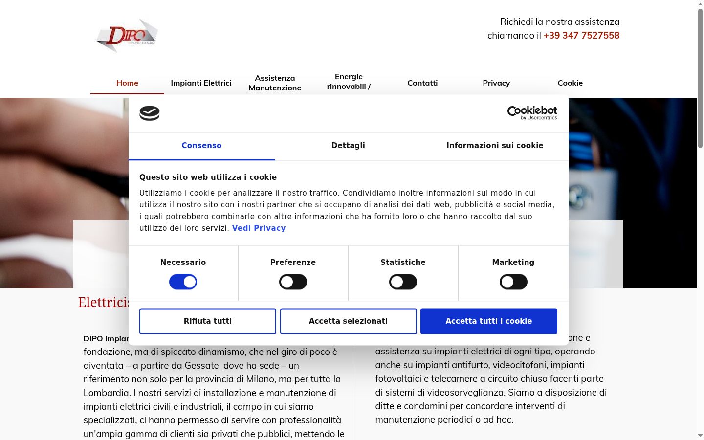 Screenshot del banner di consenso mostrato prima di qualsiasi interazione