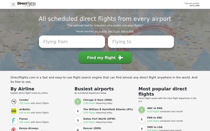 Snímek obrazovky directflights.com