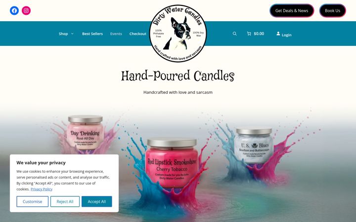 Screenshot of dirtywatercandles.com