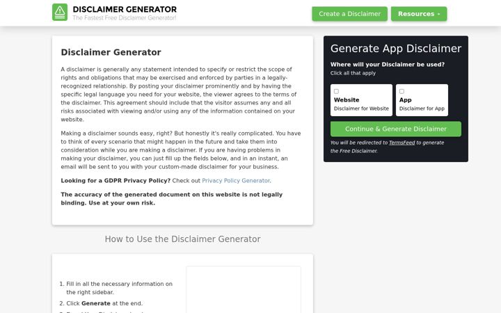 Screenshot of disclaimergenerator.net