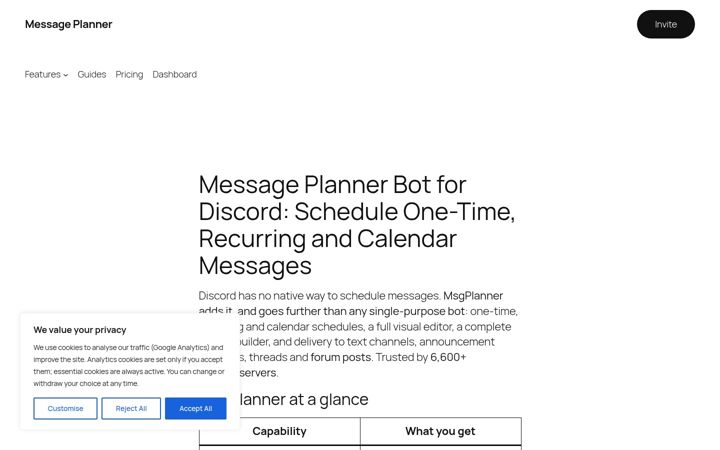 Screenshot of discordmessageplannerbot.com