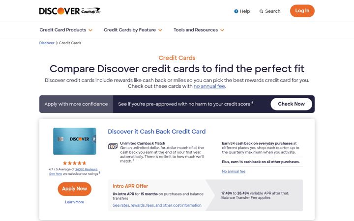 Kuvakaappaus sivustosta discovercard.com