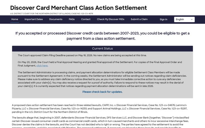 Captura de ecrã de discovermerchantsettlement.com