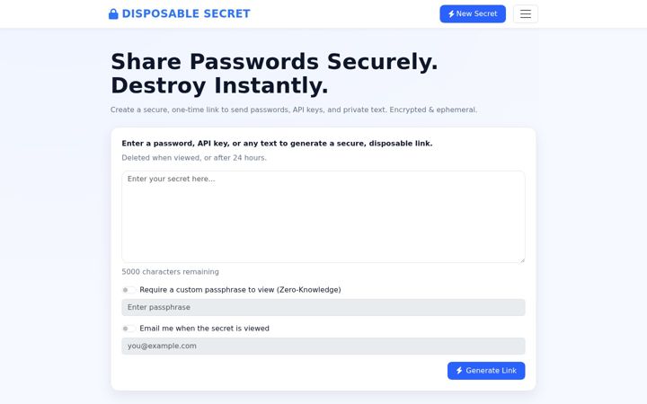 Screenshot of disposablesecret.com