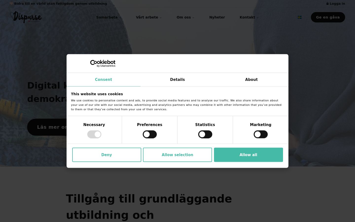 Screenshot del banner di consenso mostrato prima di qualsiasi interazione