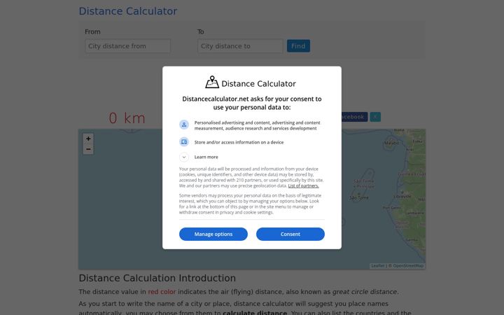 Screenshot of distancecalculator.net