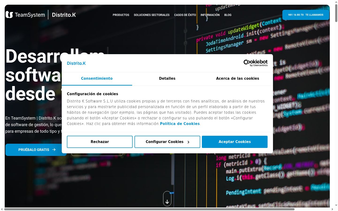 Captura de pantalla del banner de consentimiento mostrado antes de cualquier interacción