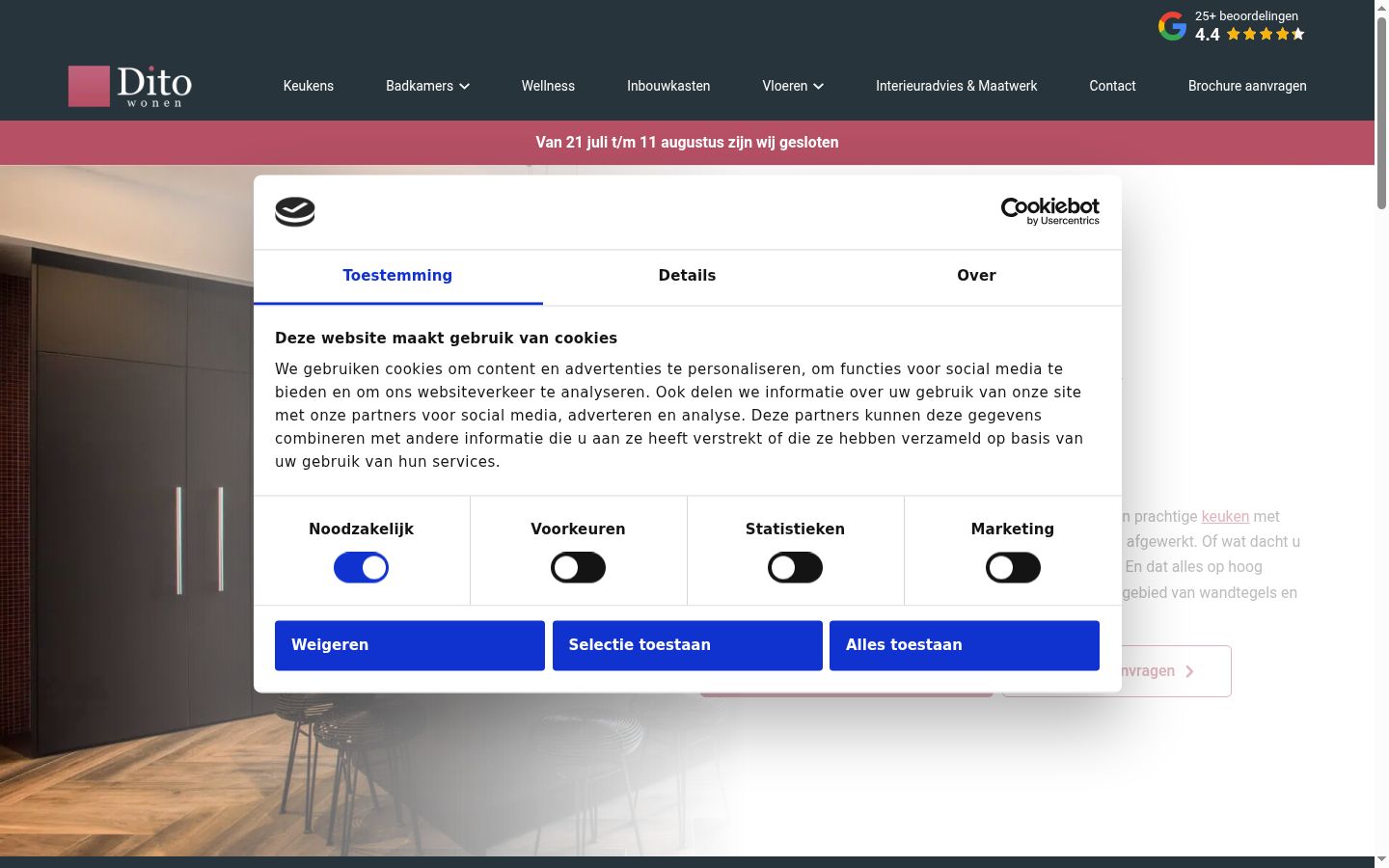 Screenshot van de toestemmingsbanner zoals getoond vóór enige interactie