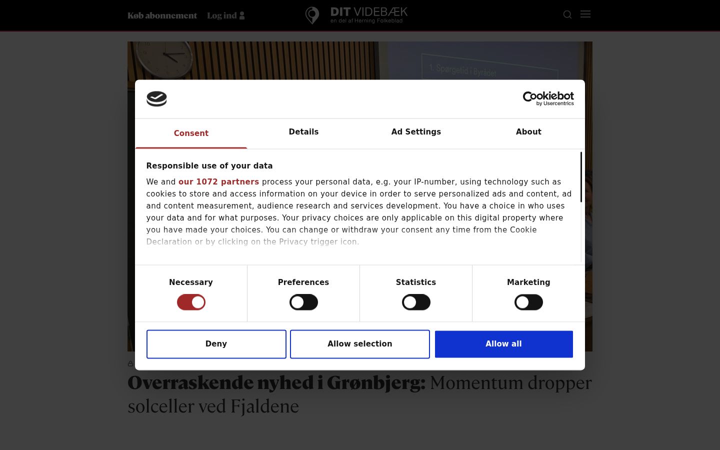 Screenshot des Einwilligungsbanners vor jeglicher Interaktion