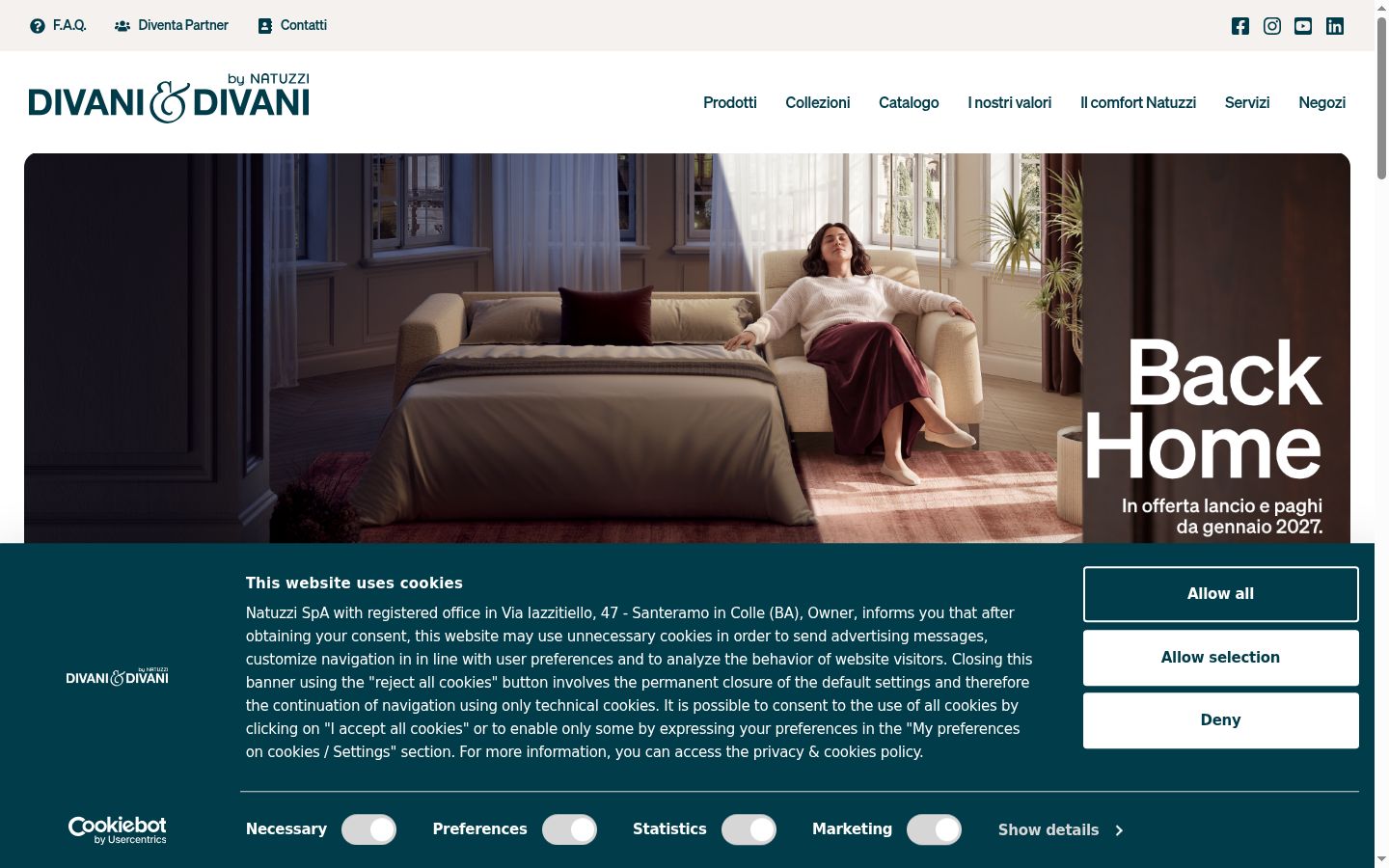 Screenshot del banner di consenso mostrato prima di qualsiasi interazione