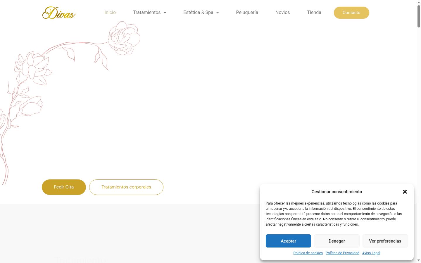 Captura de pantalla del banner de consentimiento mostrado antes de cualquier interacción