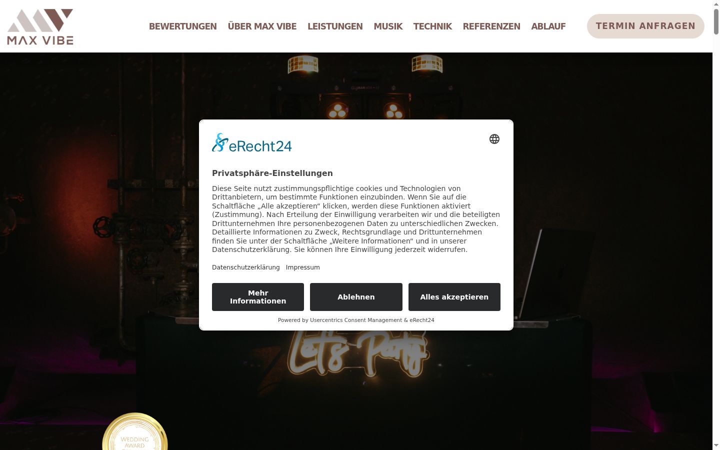 Captura de pantalla del banner de consentimiento mostrado antes de cualquier interacción
