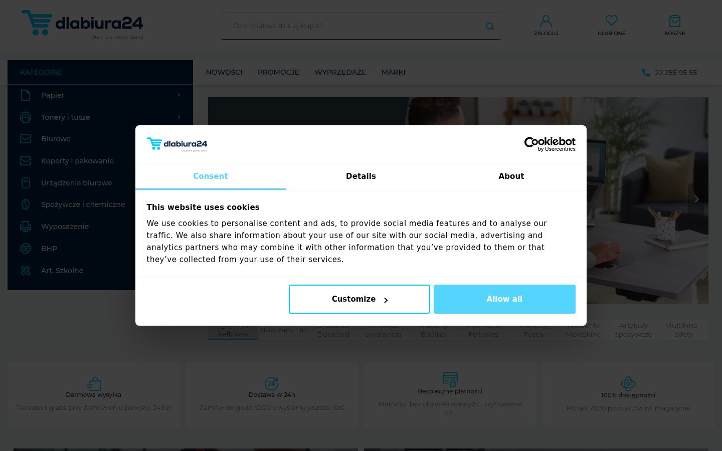 Captura de ecrã do banner de consentimento apresentado antes de qualquer interação