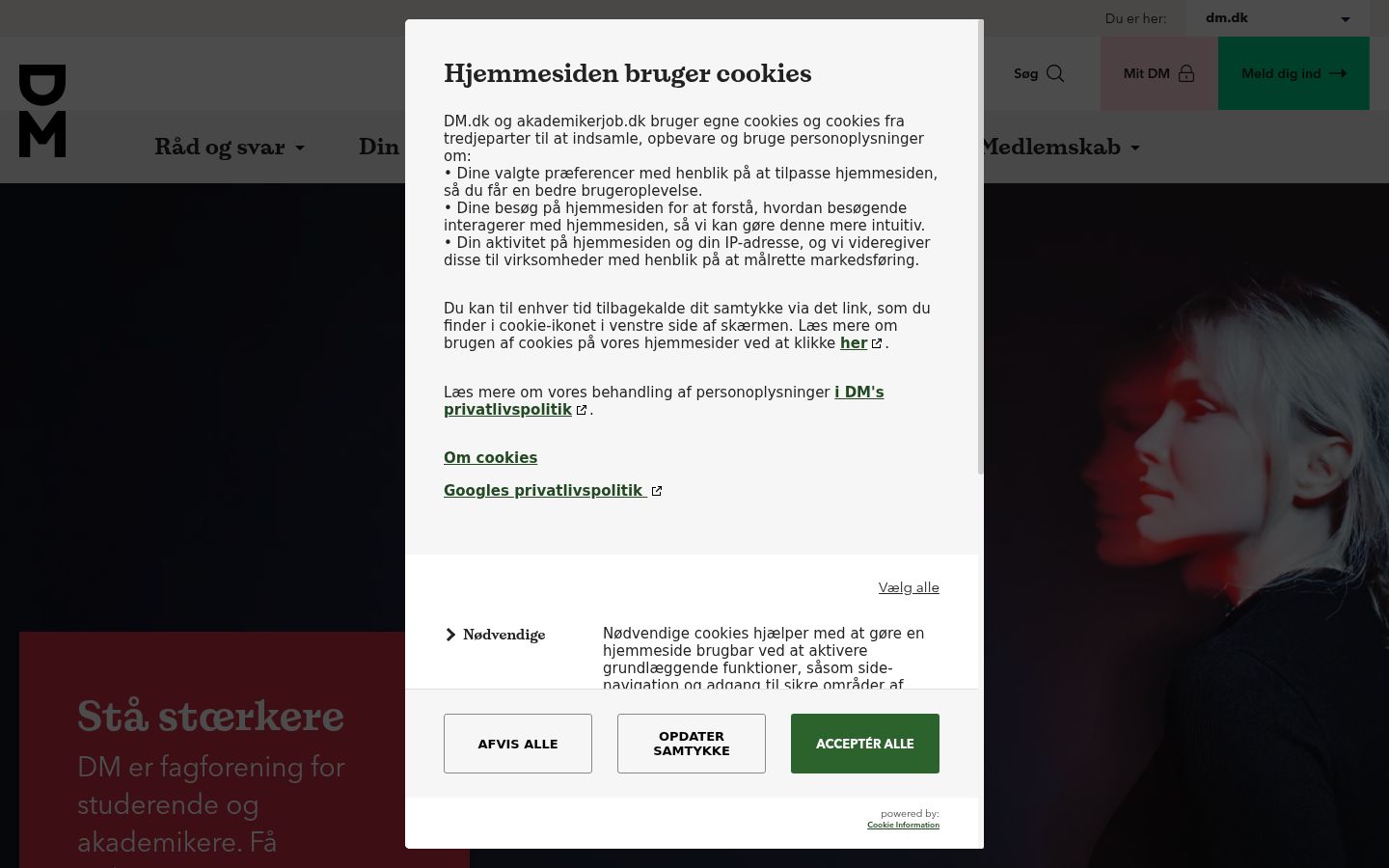 Skærmbillede af samtykkebanneret, som det blev vist før nogen interaktion
