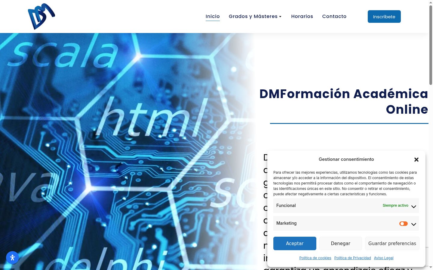 Captura de pantalla del banner de consentimiento mostrado antes de cualquier interacción