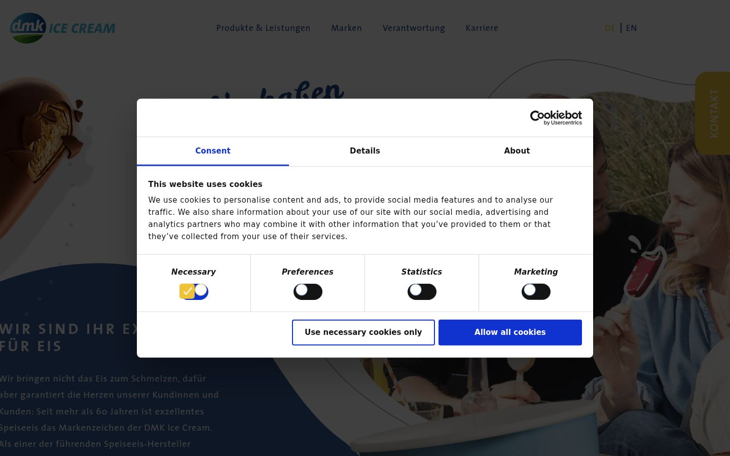 Screenshot del banner di consenso mostrato prima di qualsiasi interazione