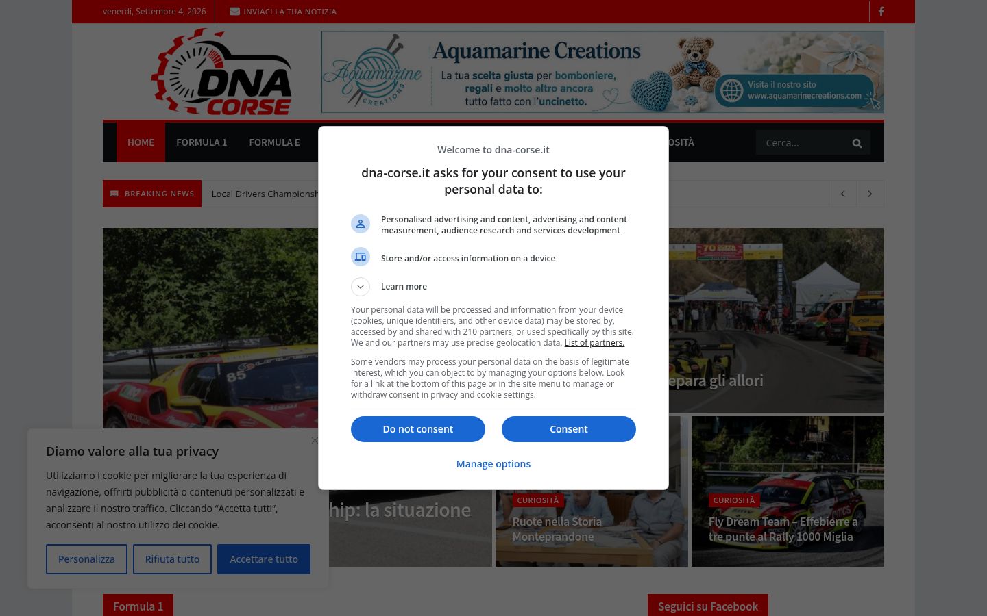 Captura de ecrã do banner de consentimento apresentado antes de qualquer interação