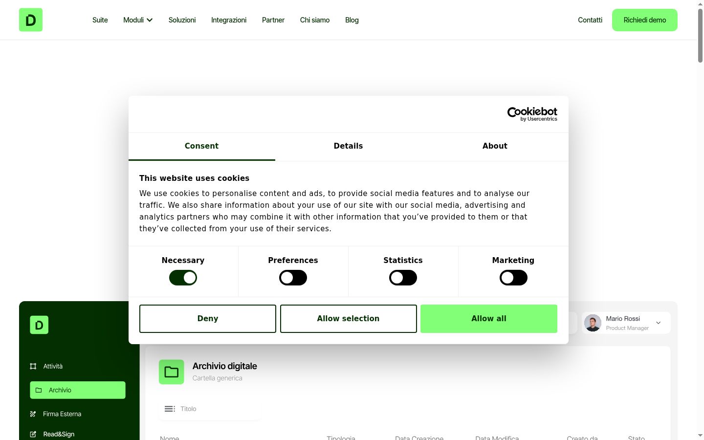 Screenshot del banner di consenso mostrato prima di qualsiasi interazione