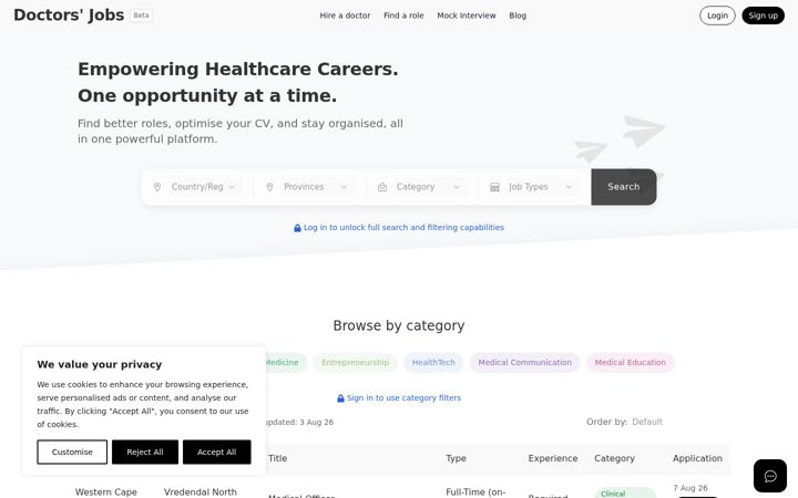 Ekrānuzņēmums no doctorsjobs.io