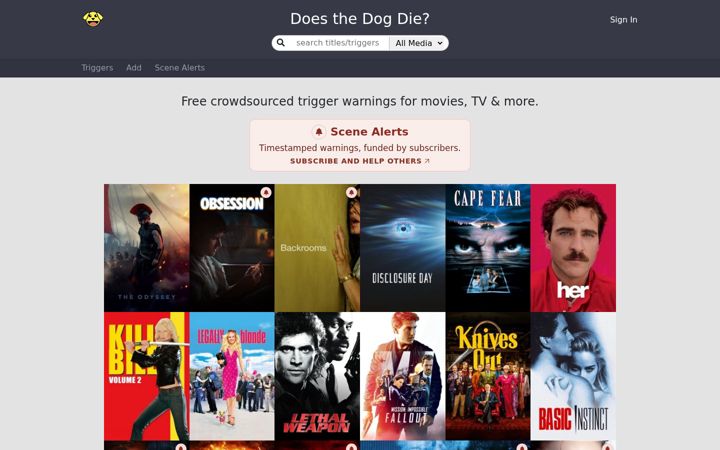 Screenshot of doesthedogdie.com
