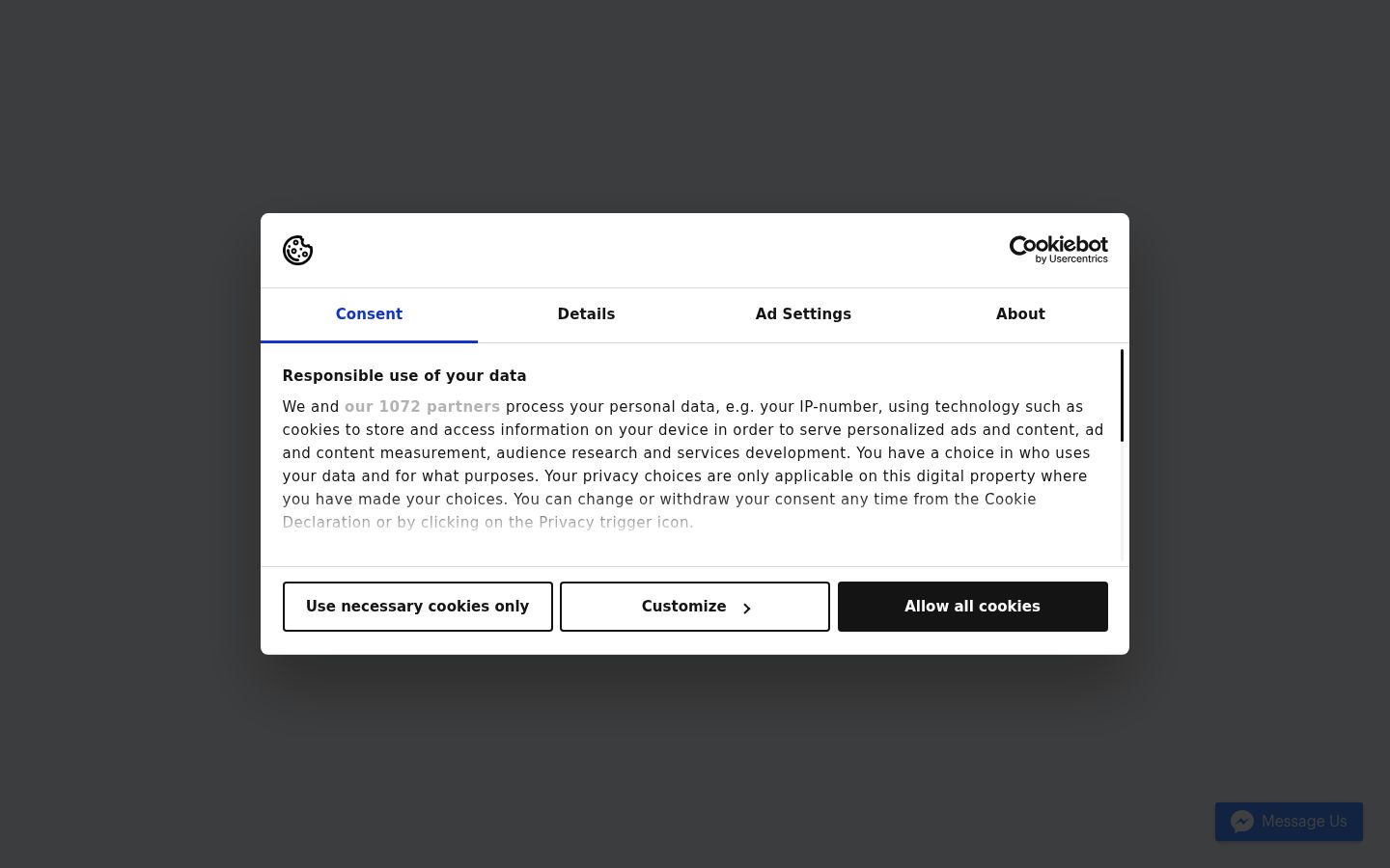 Screenshot del banner di consenso mostrato prima di qualsiasi interazione