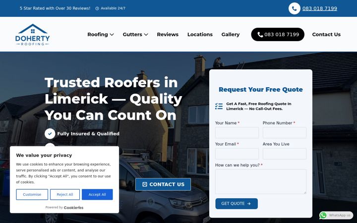 Snímek obrazovky dohertyroofing.ie