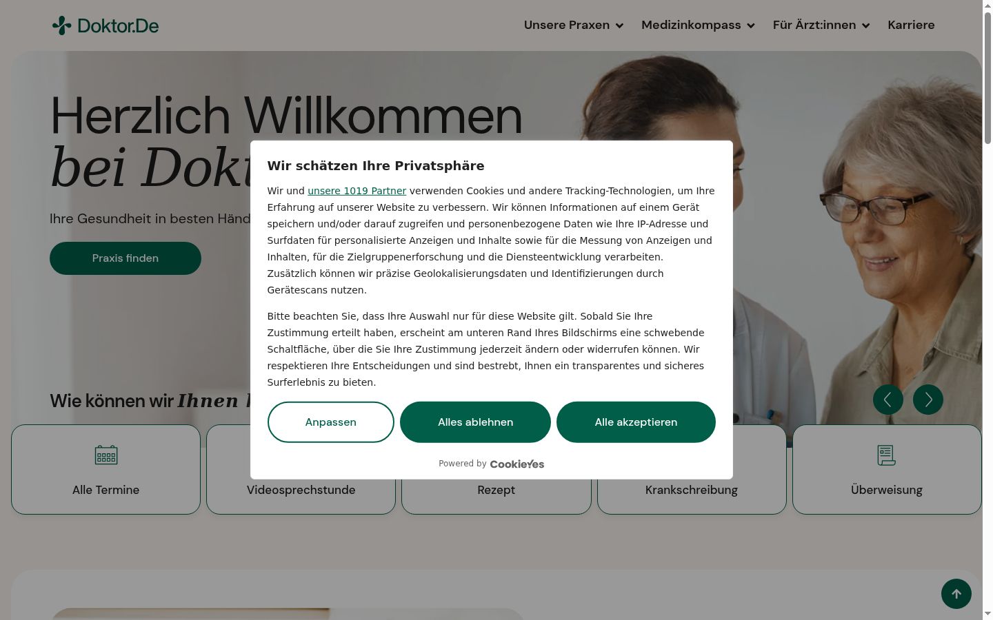 Screenshot des Einwilligungsbanners vor jeglicher Interaktion