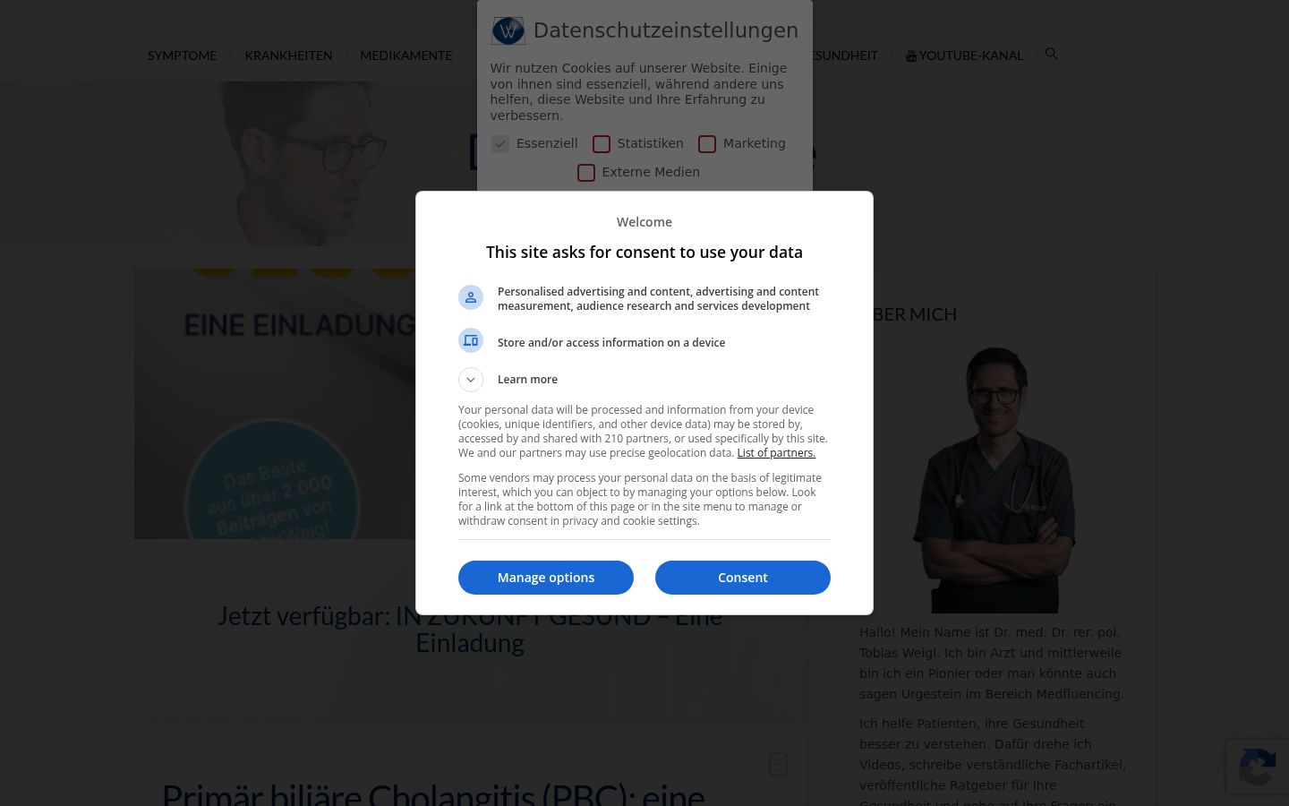 Screenshot del banner di consenso mostrato prima di qualsiasi interazione