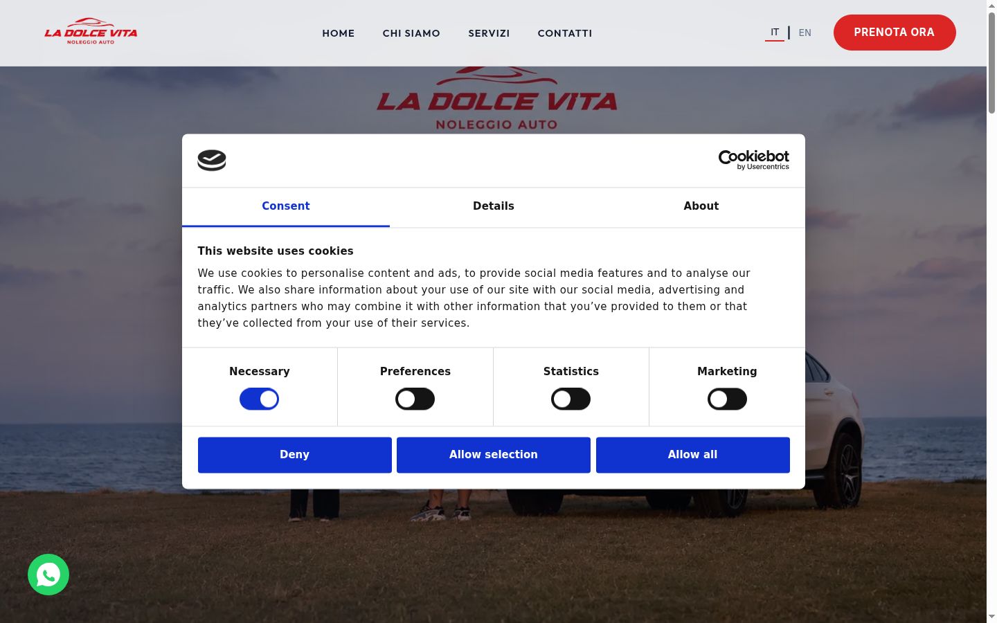 Screenshot del banner di consenso mostrato prima di qualsiasi interazione