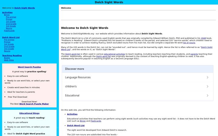 Screenshot of dolchsightwords.org
