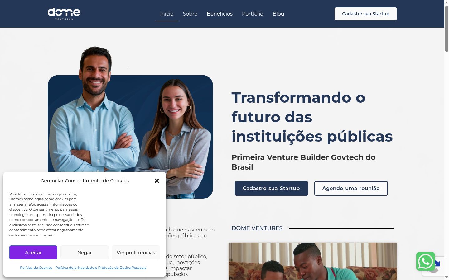 Captura de ecrã do banner de consentimento apresentado antes de qualquer interação
