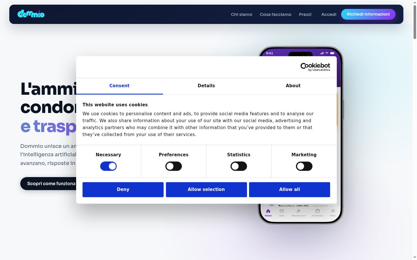 Screenshot del banner di consenso mostrato prima di qualsiasi interazione