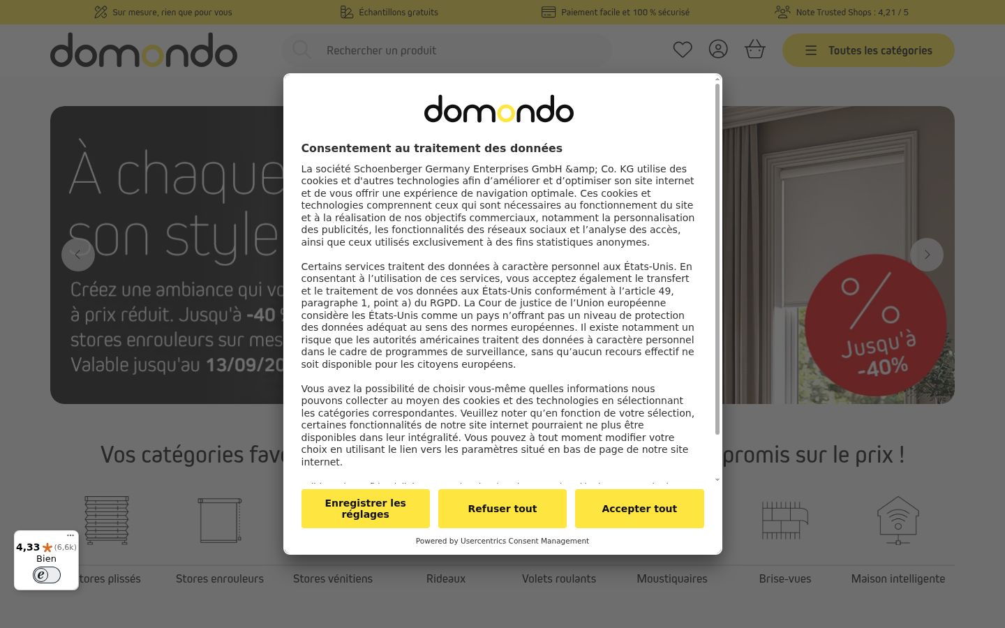 Capture d'écran de la bannière de consentement affichée avant toute interaction