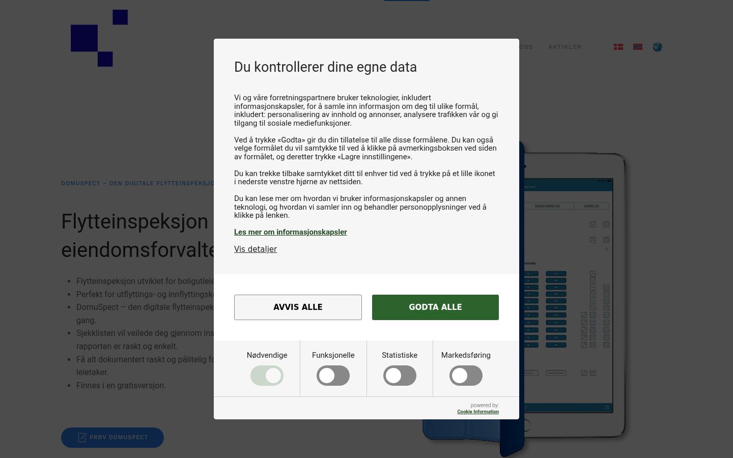 Skærmbillede af samtykkebanneret, som det blev vist før nogen interaktion