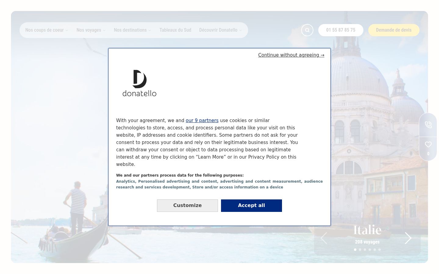 Screenshot del banner di consenso mostrato prima di qualsiasi interazione