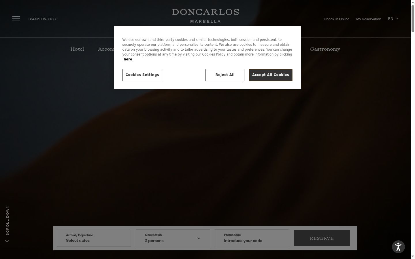 Captura de pantalla del banner de consentimiento mostrado antes de cualquier interacción