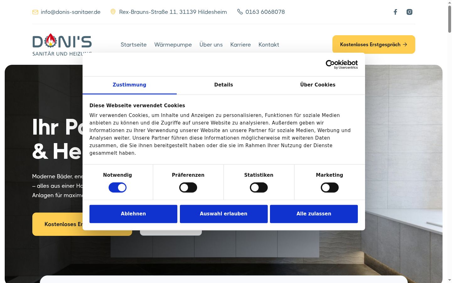 Screenshot des Einwilligungsbanners vor jeglicher Interaktion