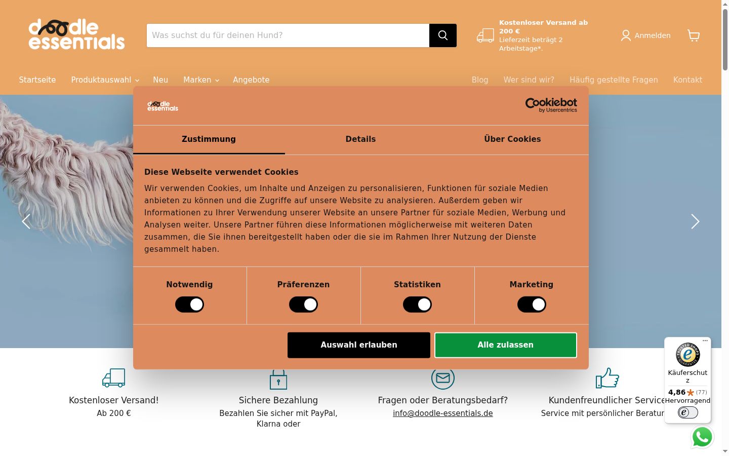 Screenshot des Einwilligungsbanners vor jeglicher Interaktion