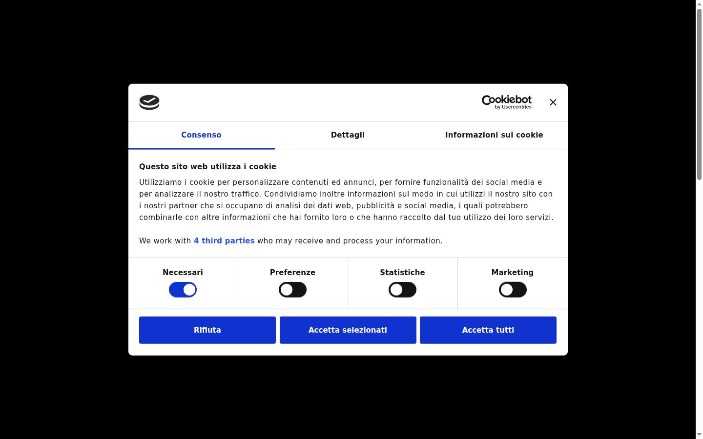Screenshot del banner di consenso mostrato prima di qualsiasi interazione