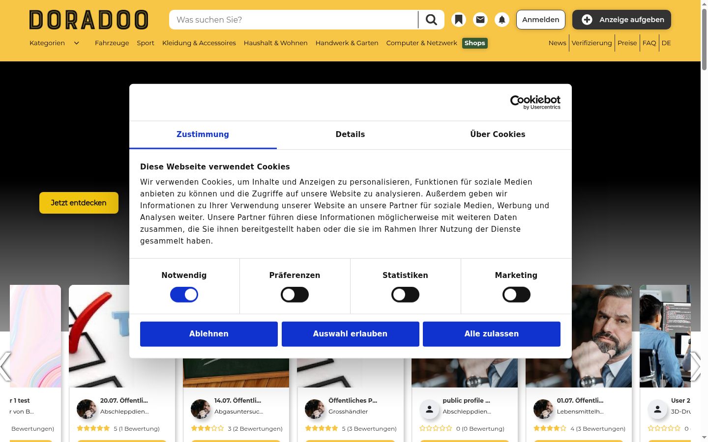 Screenshot del banner di consenso mostrato prima di qualsiasi interazione