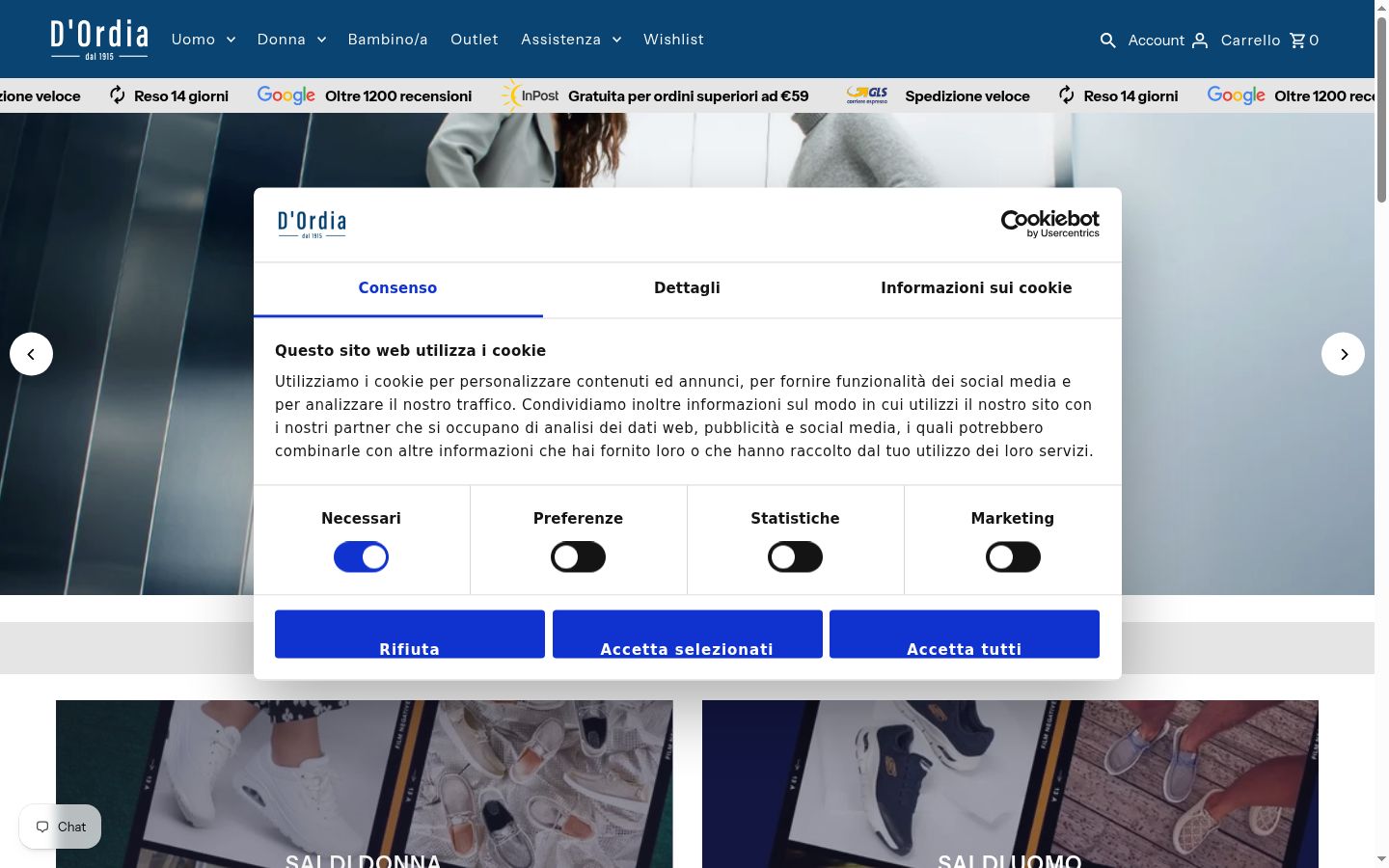 Screenshot del banner di consenso mostrato prima di qualsiasi interazione
