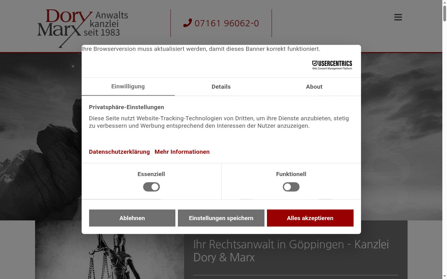 Screenshot del banner di consenso mostrato prima di qualsiasi interazione