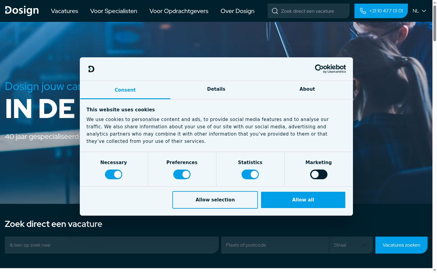 Screenshot van de toestemmingsbanner zoals getoond vóór enige interactie