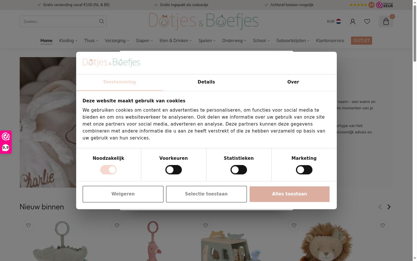 Screenshot van de toestemmingsbanner zoals getoond vóór enige interactie