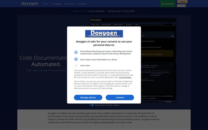 Screenshot of doxygen.nl
