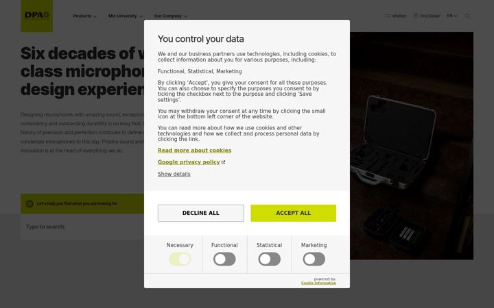 Screenshot van dpamicrophones.com