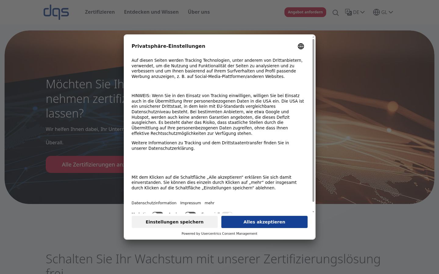 Screenshot del banner di consenso mostrato prima di qualsiasi interazione